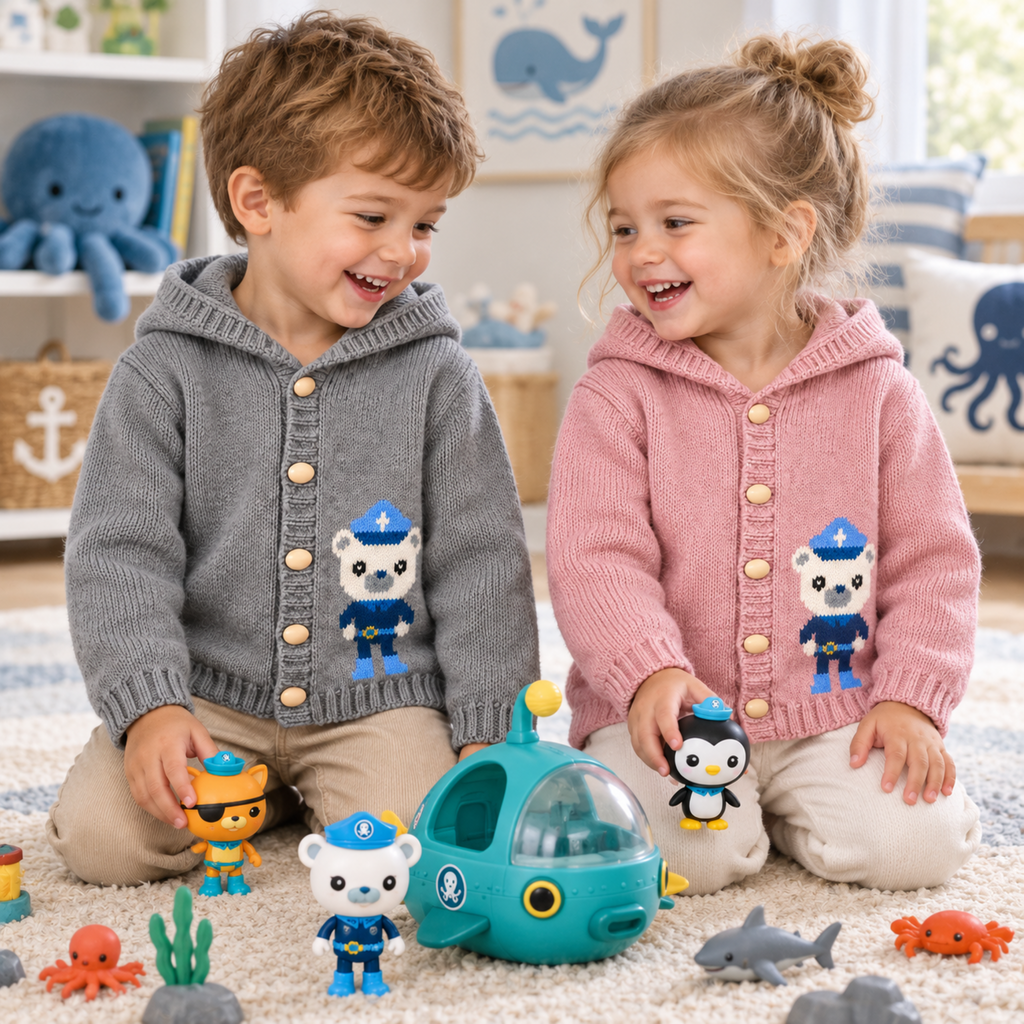 Captain Barnacles Hooded Cardigan Knitting Pattern PDF Character Jacket DK 3mths - 6 years
