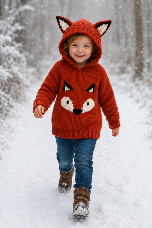 Child's Fox Hooded Sweater with Ears Knitting Pattern PDF Chunky Jumper Ages 1–12 Years