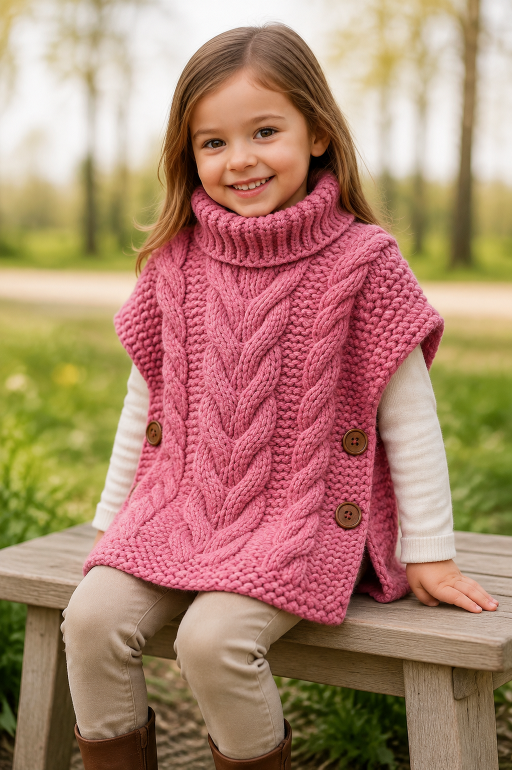 Girls Cable Tunic Poncho Knitting Pattern PDF Super Chunky Age 1 - 15 years