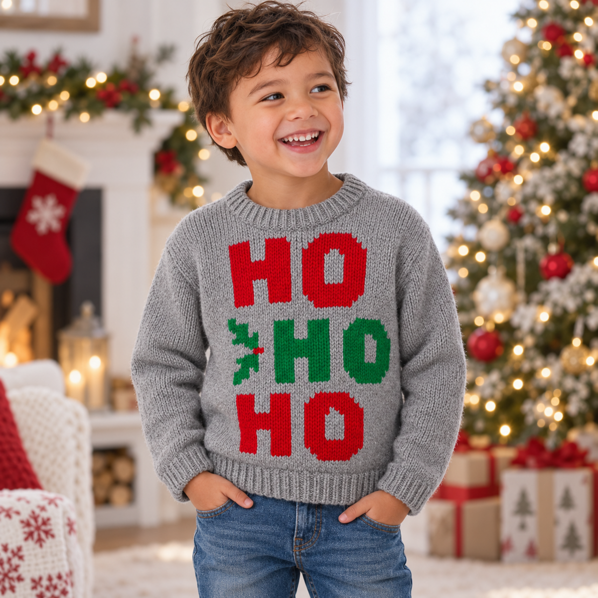 Child’s Ho Ho Ho Christmas Jumper Knitting Pattern PDF DK 6 Months–8 Years Sweater