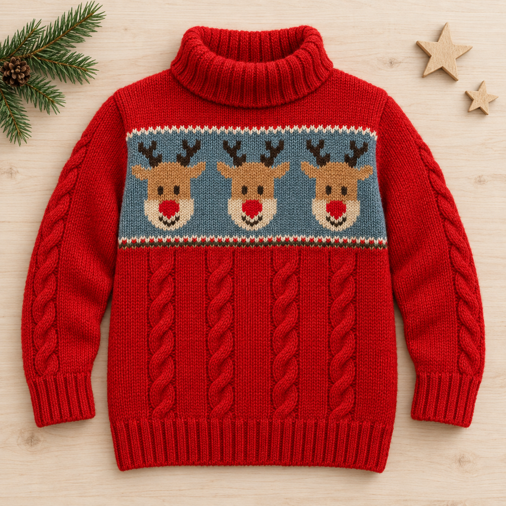 Child’s Reindeer Cable Sweater Knitting Pattern PDF Aran Christmas Jumper 6m - 10years