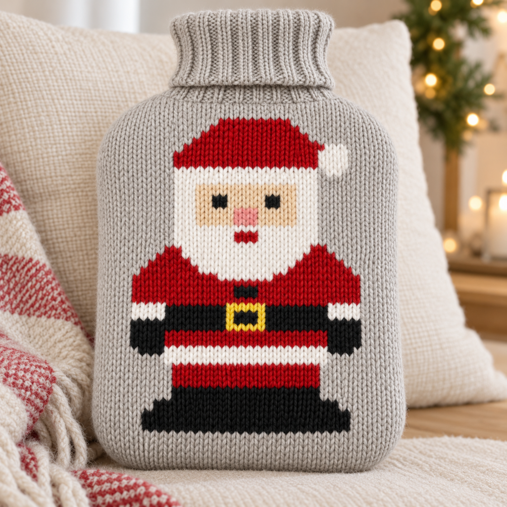 Santa Hot Water Bottle Cover Knitting Pattern PDF Chunky 2L Father Christmas