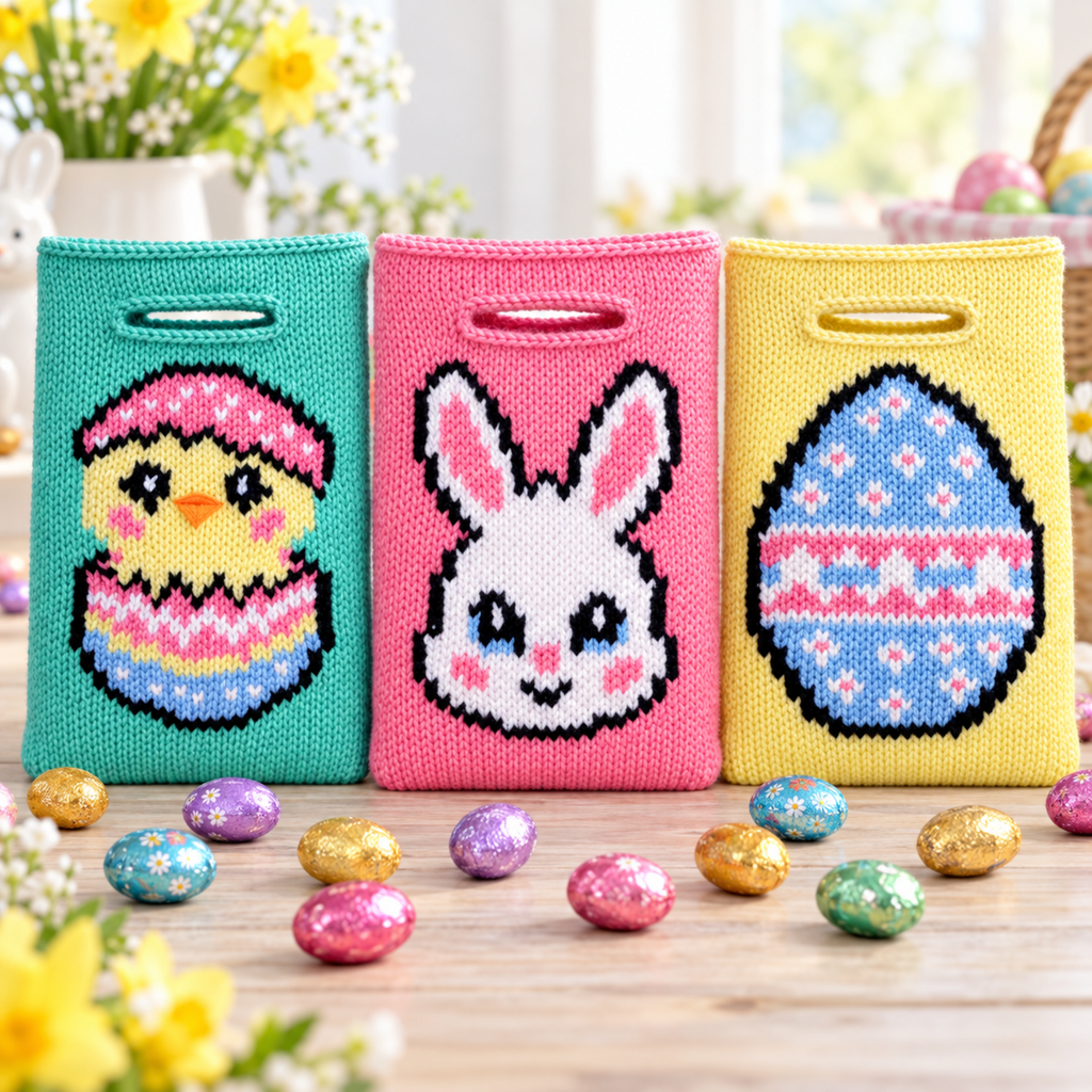 Easter Gift Bag Knitting Pattern PDF Bunny, Chick & Easter Egg  3 Aran Designs
