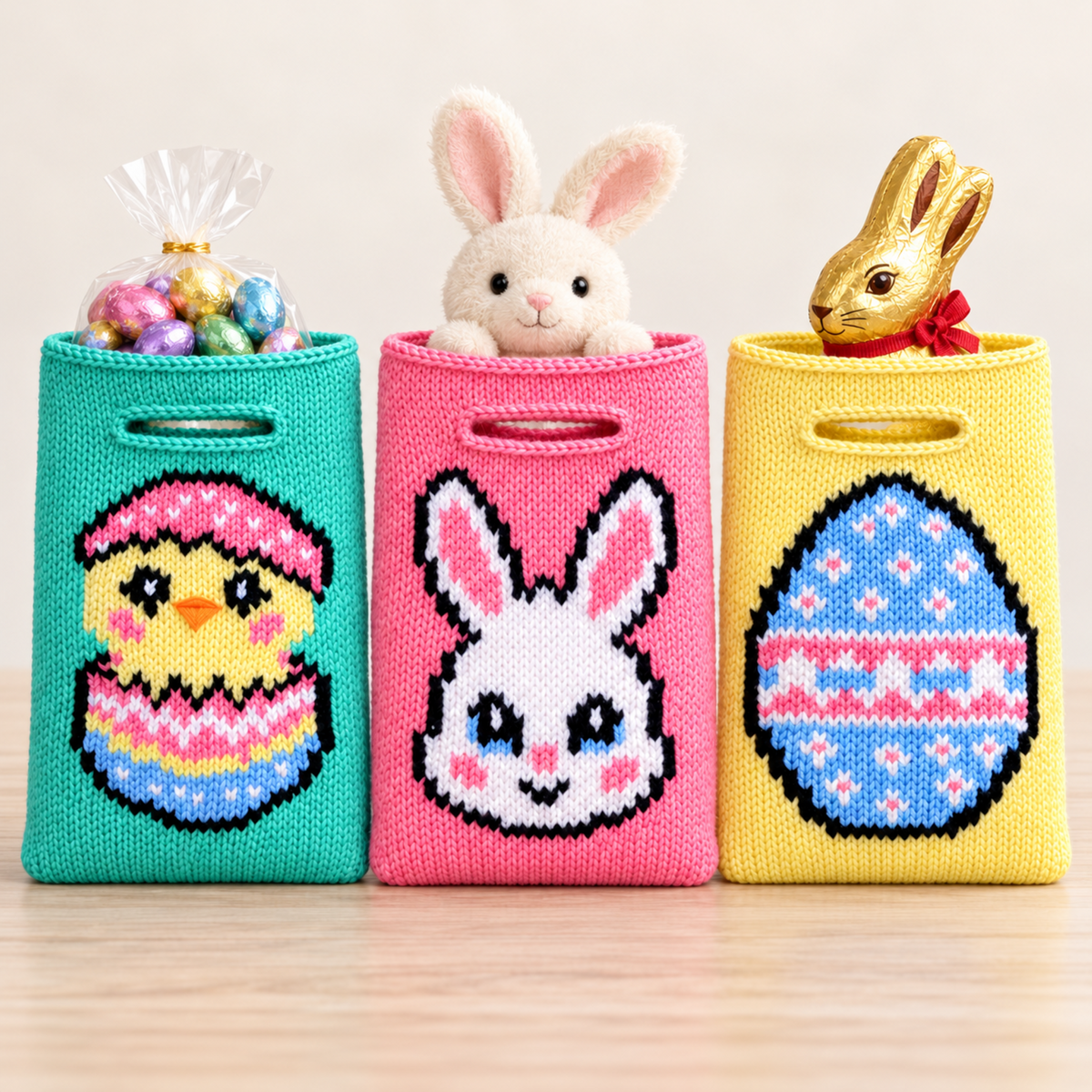 Easter Gift Bag Knitting Pattern PDF Bunny, Chick & Easter Egg  3 Aran Designs