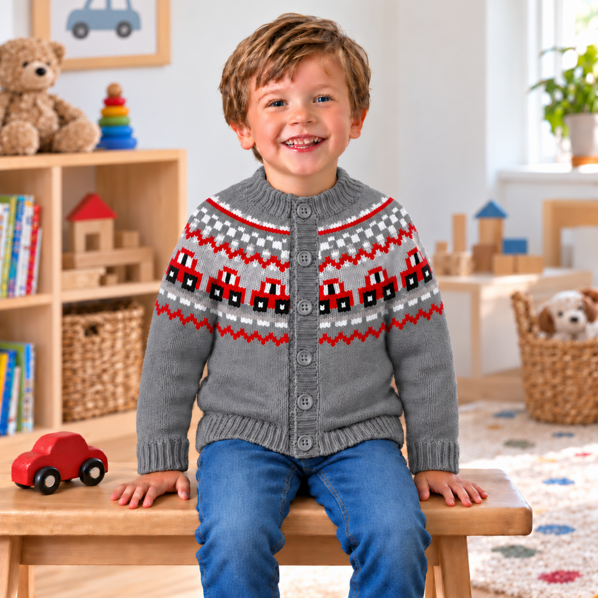 Car Yoke Cardigan Knitting Pattern PDF Boys Girls DK  6 Months–4 Years