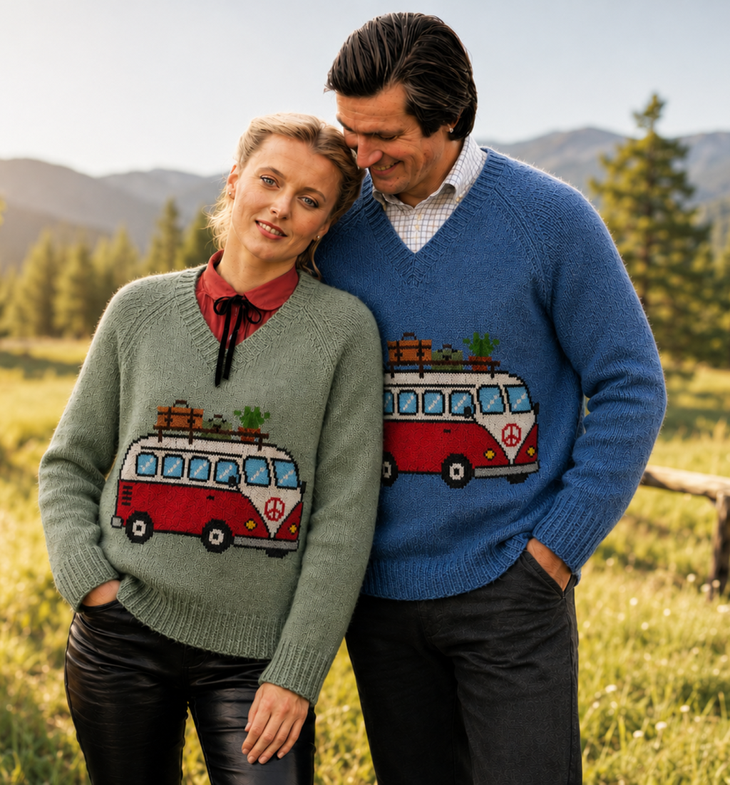 Adult Campervan Sweater Knitting Pattern PDF Chunky His Hers V-Neck Jumper 32–44"