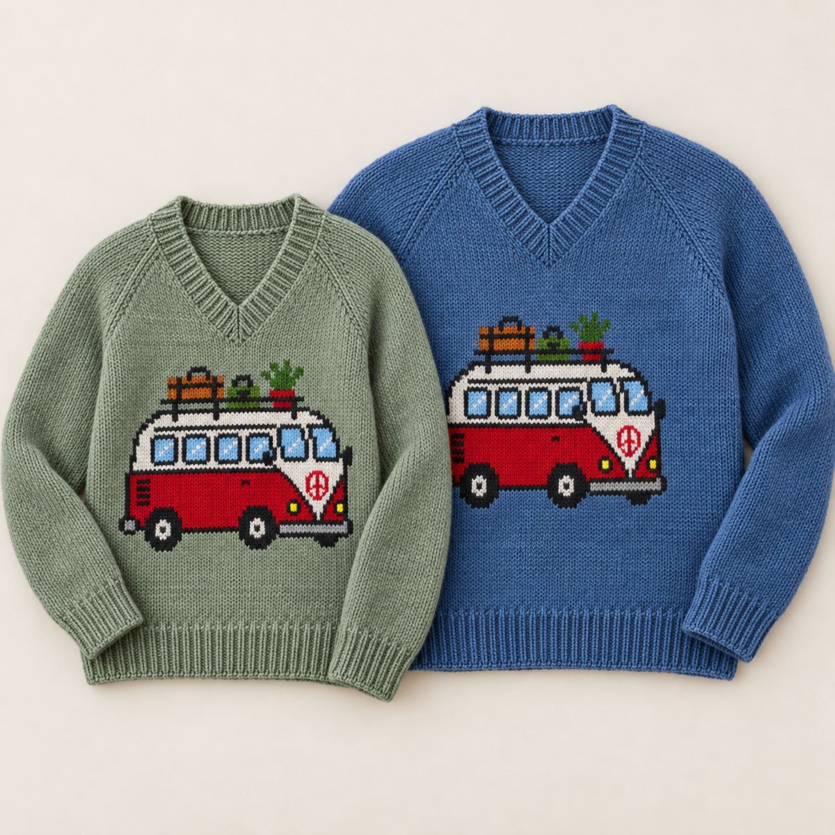 Adult Campervan Sweater Knitting Pattern PDF Chunky His Hers V-Neck Jumper 32–44"
