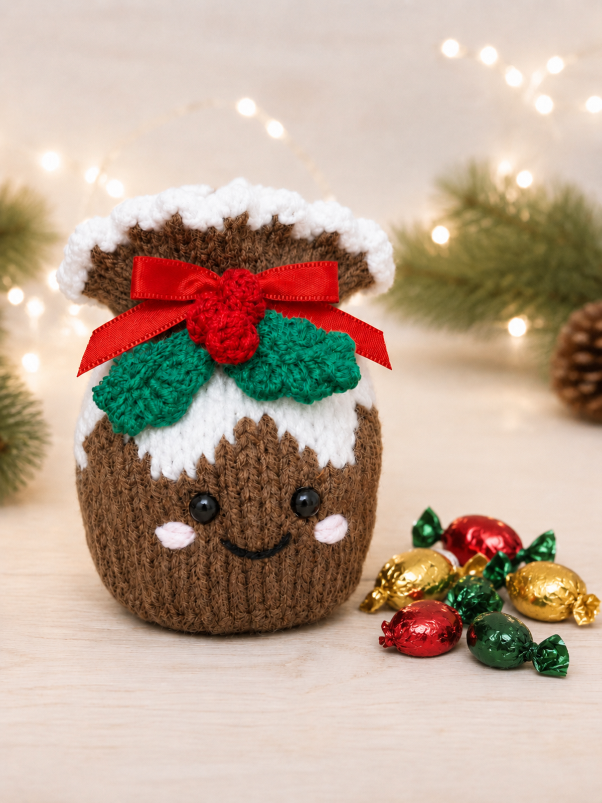 Christmas Pudding Chocvolate Orange Cover Knitting Pattern PDF Festive Gift Bag DK
