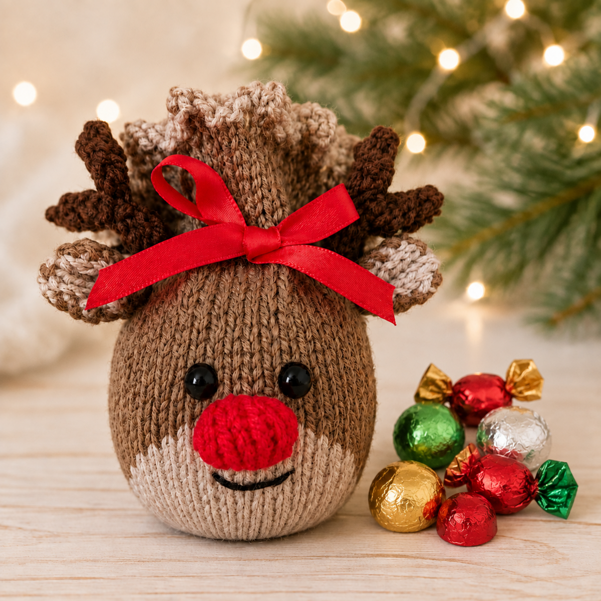 Reindeer Chocolate Orange Cover Knitting Pattern PDF Festive Gift Bag DK