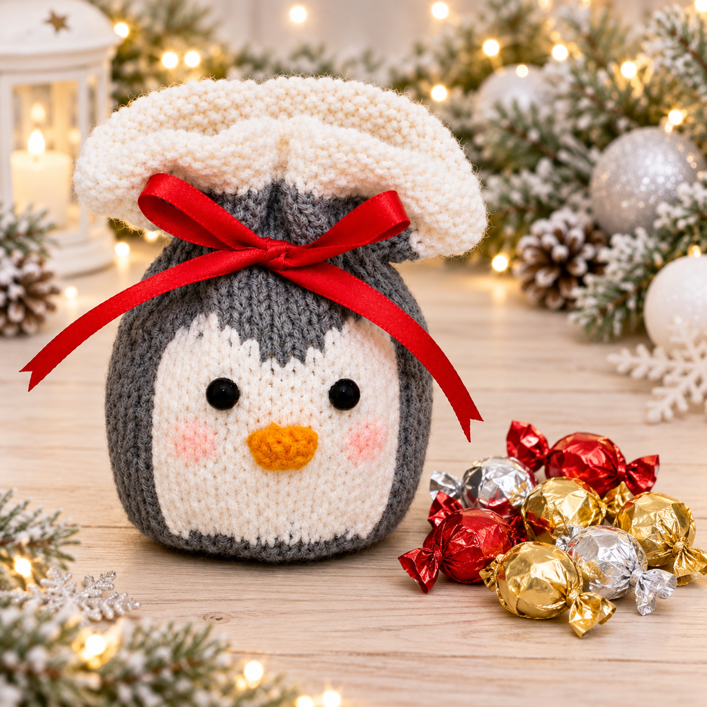 Penguin Chocolate Orange Cover Knitting Pattern PDF Christmas Gift Bag DK