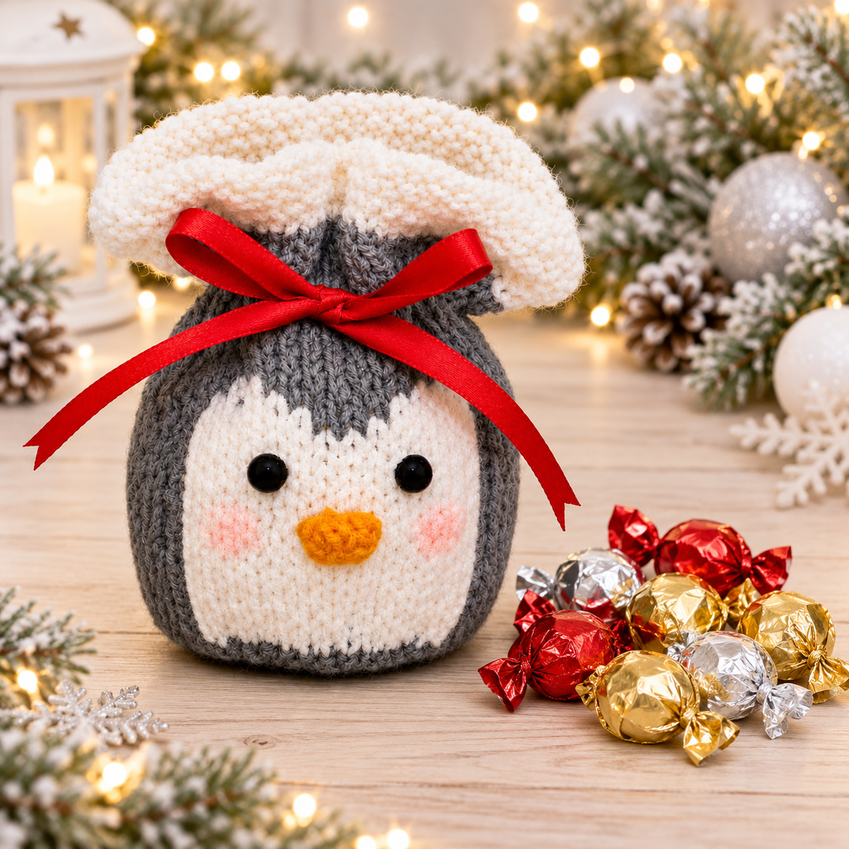 Penguin Chocolate Orange Cover Knitting Pattern PDF Christmas Gift Bag DK