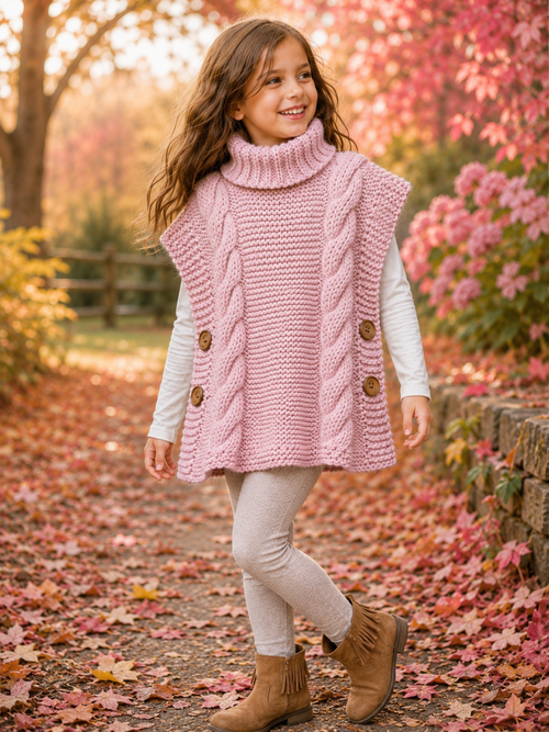 Childs Cable Tabard Poncho Knitting Pattern Super Chunky Girls Vest Ages 1–15 Years PDF Download
