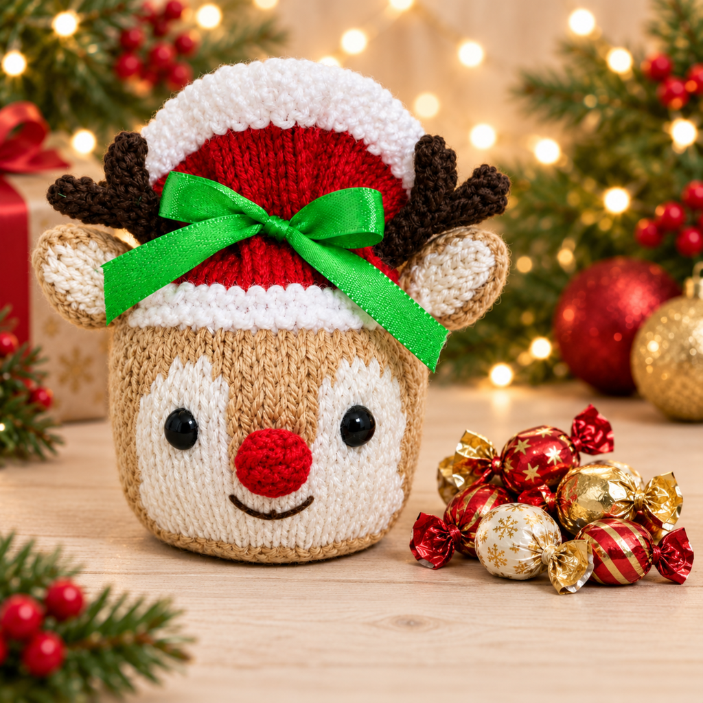 Reindeer Chocolate Orange Cover Knitting Pattern PDF Christmas Gift Bag PDF