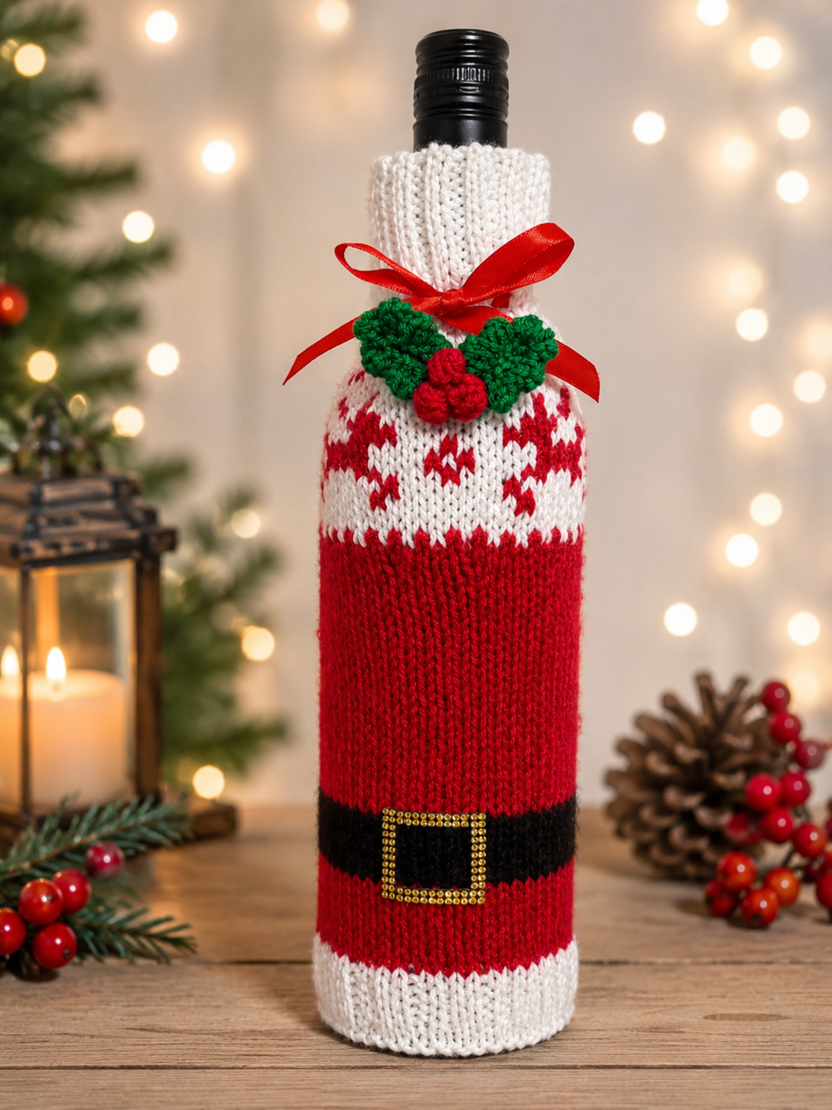 Santa Suit & Reindeer Motif Wine Bottle Cover Knitting Pattern PDF Christmas DK