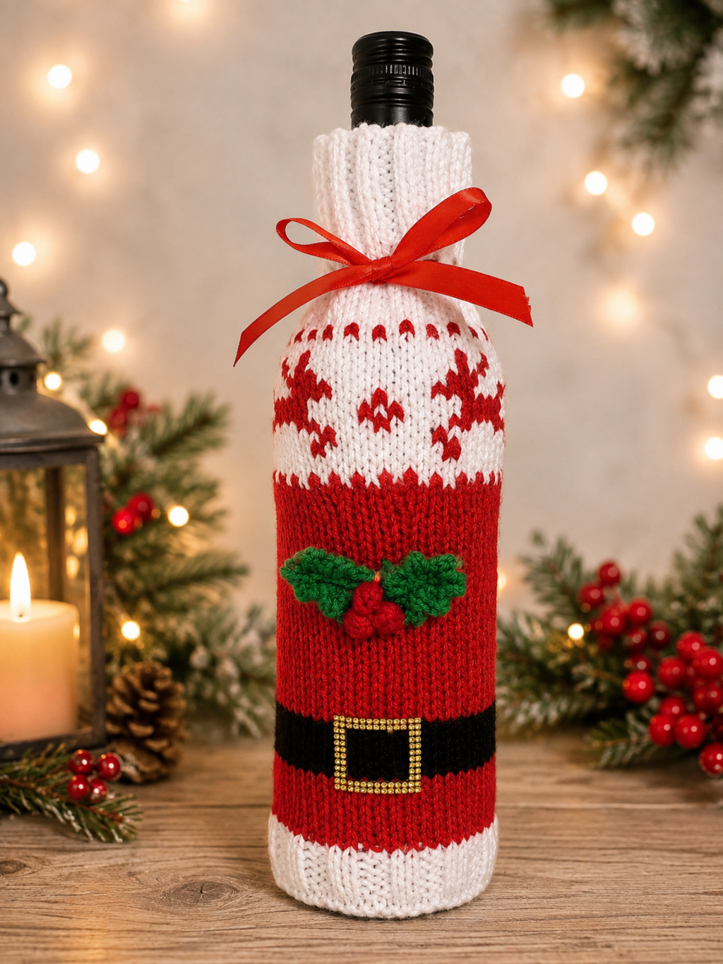 Santa Suit & Reindeer Motif Wine Bottle Cover Knitting Pattern PDF Christmas DK