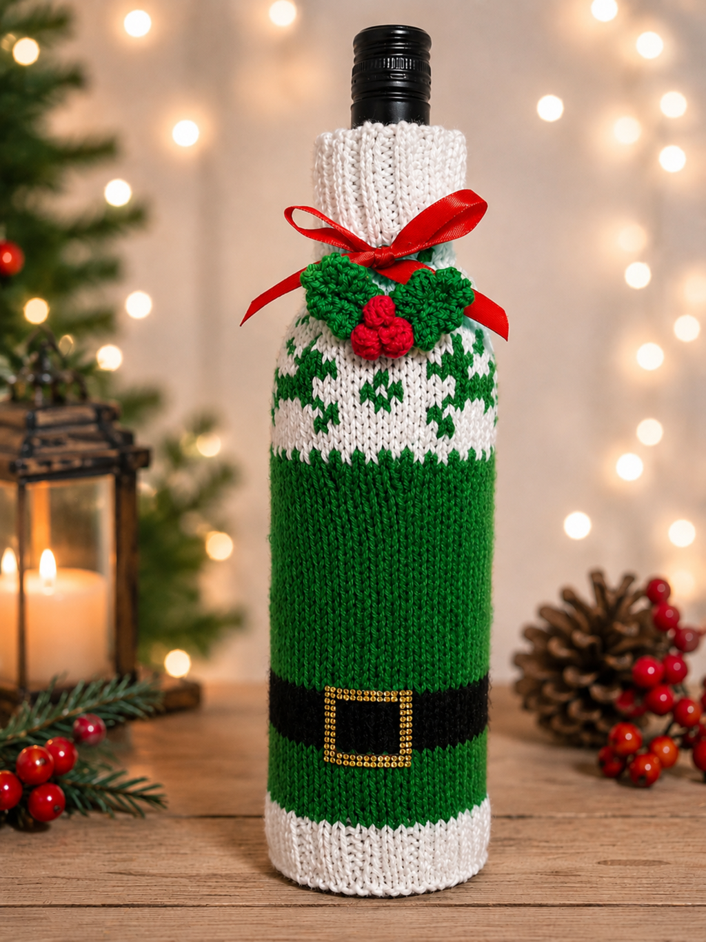 Santa Suit & Reindeer Motif Wine Bottle Cover Knitting Pattern PDF Christmas DK