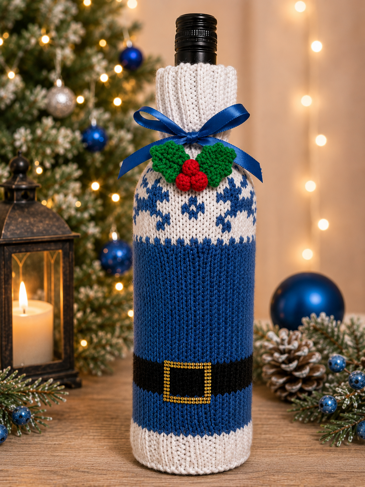 Santa Suit & Reindeer Motif Wine Bottle Cover Knitting Pattern PDF Christmas DK