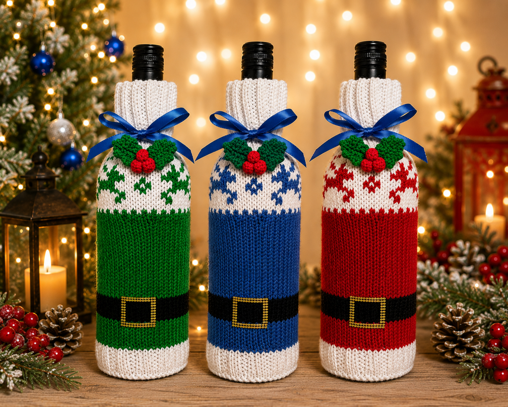 Santa Suit & Reindeer Motif Wine Bottle Cover Knitting Pattern PDF Christmas DK