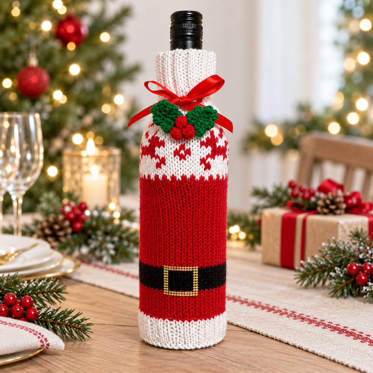 Santa Suit & Reindeer Motif Wine Bottle Cover Knitting Pattern PDF Christmas DK