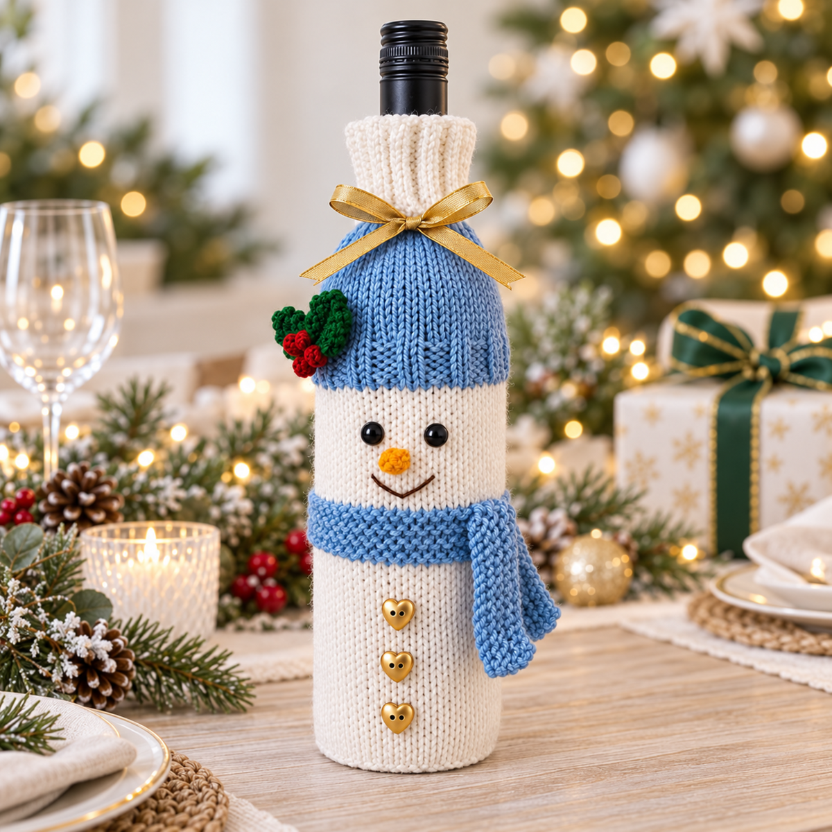 Snowman Wine Bottle Cover Knitting Pattern PDF Christmas Gift Bag DK