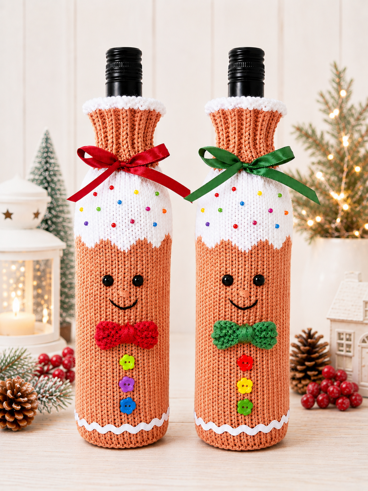 Gingerbread Man Wine Bottle Cover Knitting Pattern PDF Christmas Gift Bag DK