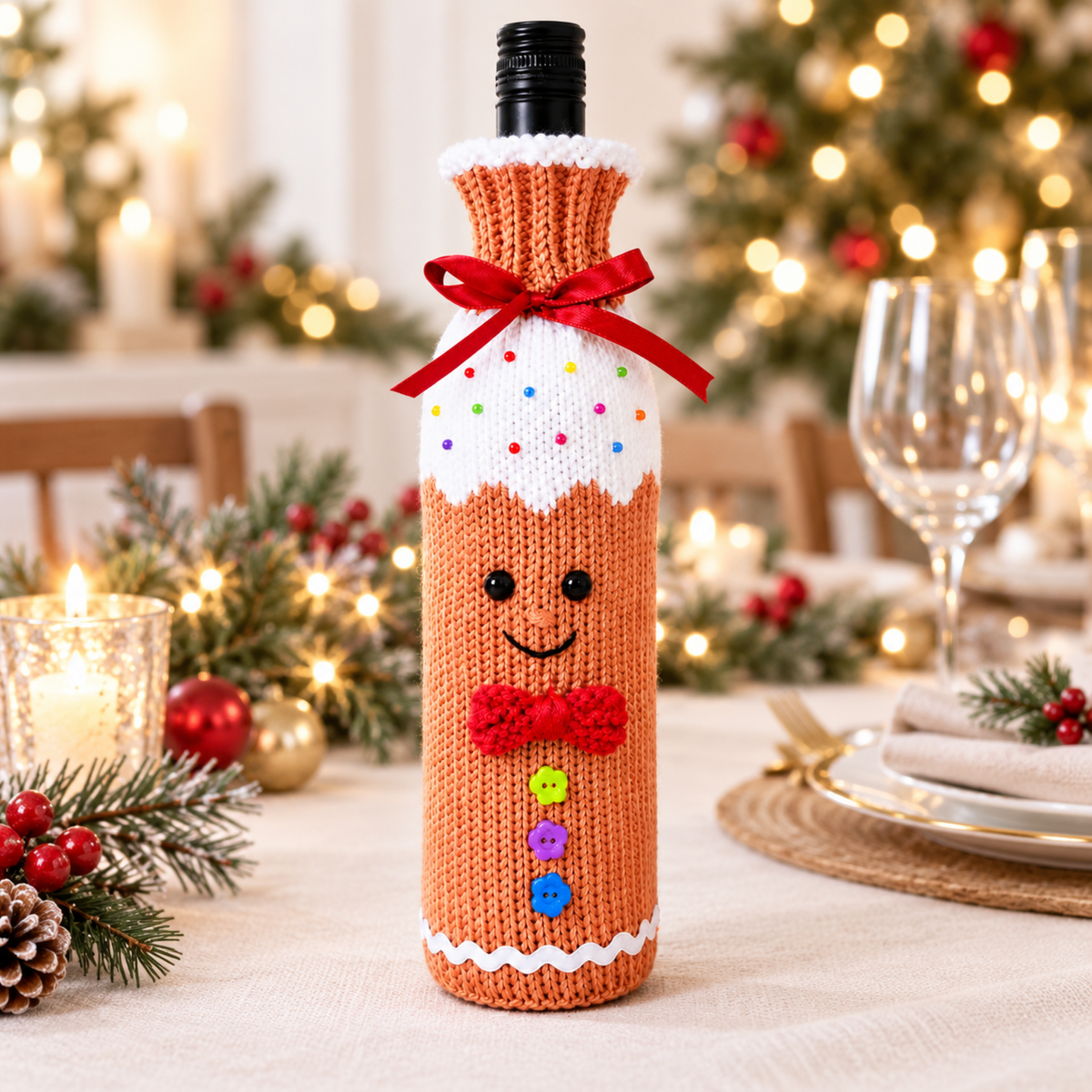 Gingerbread Man Wine Bottle Cover Knitting Pattern PDF Christmas Gift Bag DK