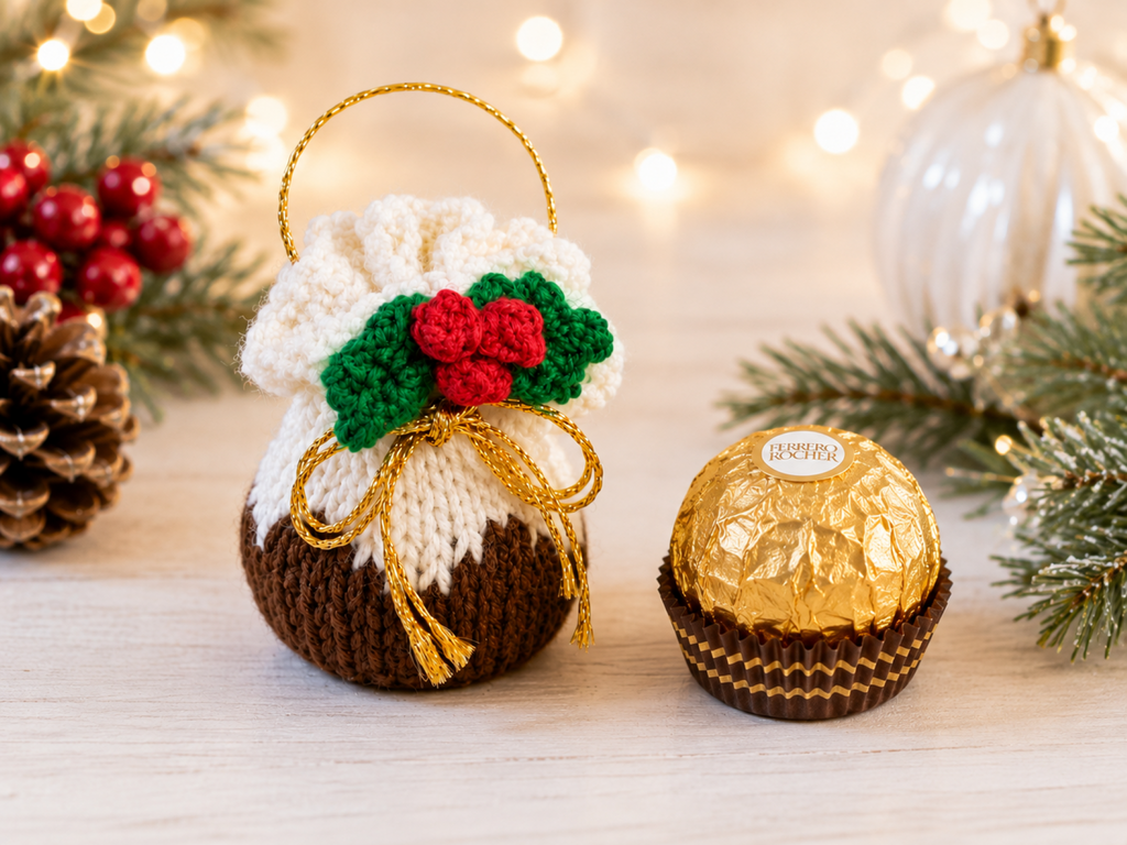 Christmas Pudding Ferrero Rocher Cover Knitting Pattern PDF Tree Decoration DK