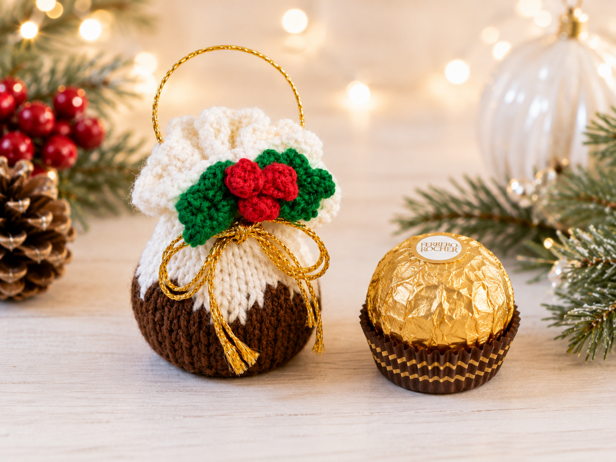 Christmas Pudding Ferrero Rocher Cover Knitting Pattern PDF Tree Decoration DK