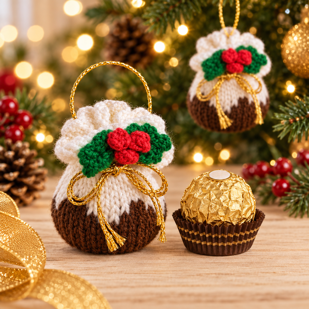 Christmas Pudding Ferrero Rocher Cover Knitting Pattern PDF Tree Decoration DK