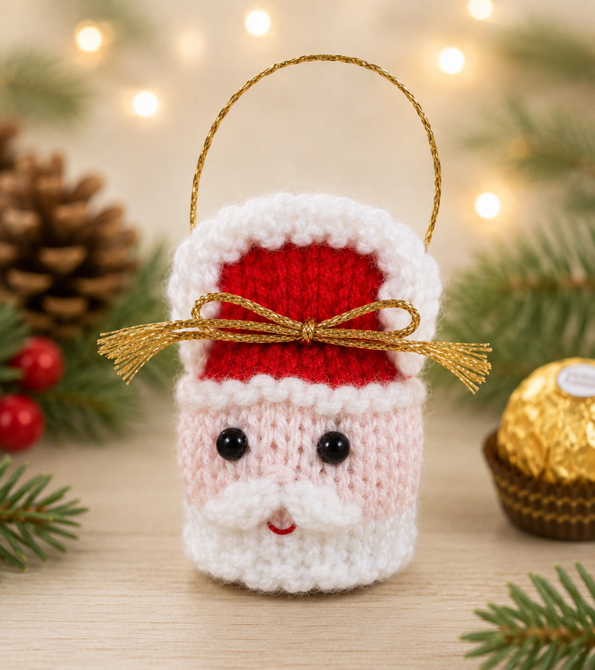 Santa Ferrero Rocher Cover Knitting Pattern PDF Christmas Tree Decoration DK