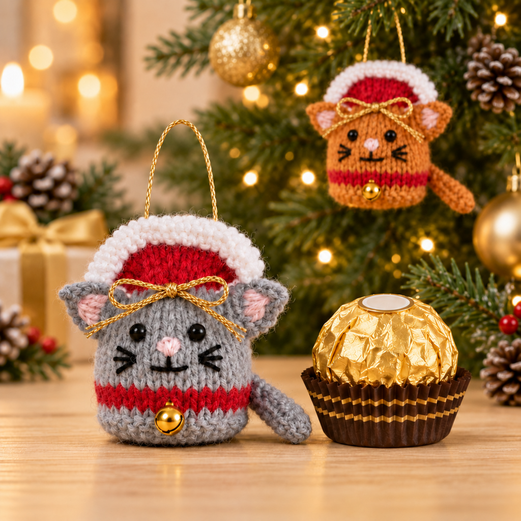 Christmas Cat Ferrero Rocher Cover Knitting Pattern PDF Tree Decoration DK