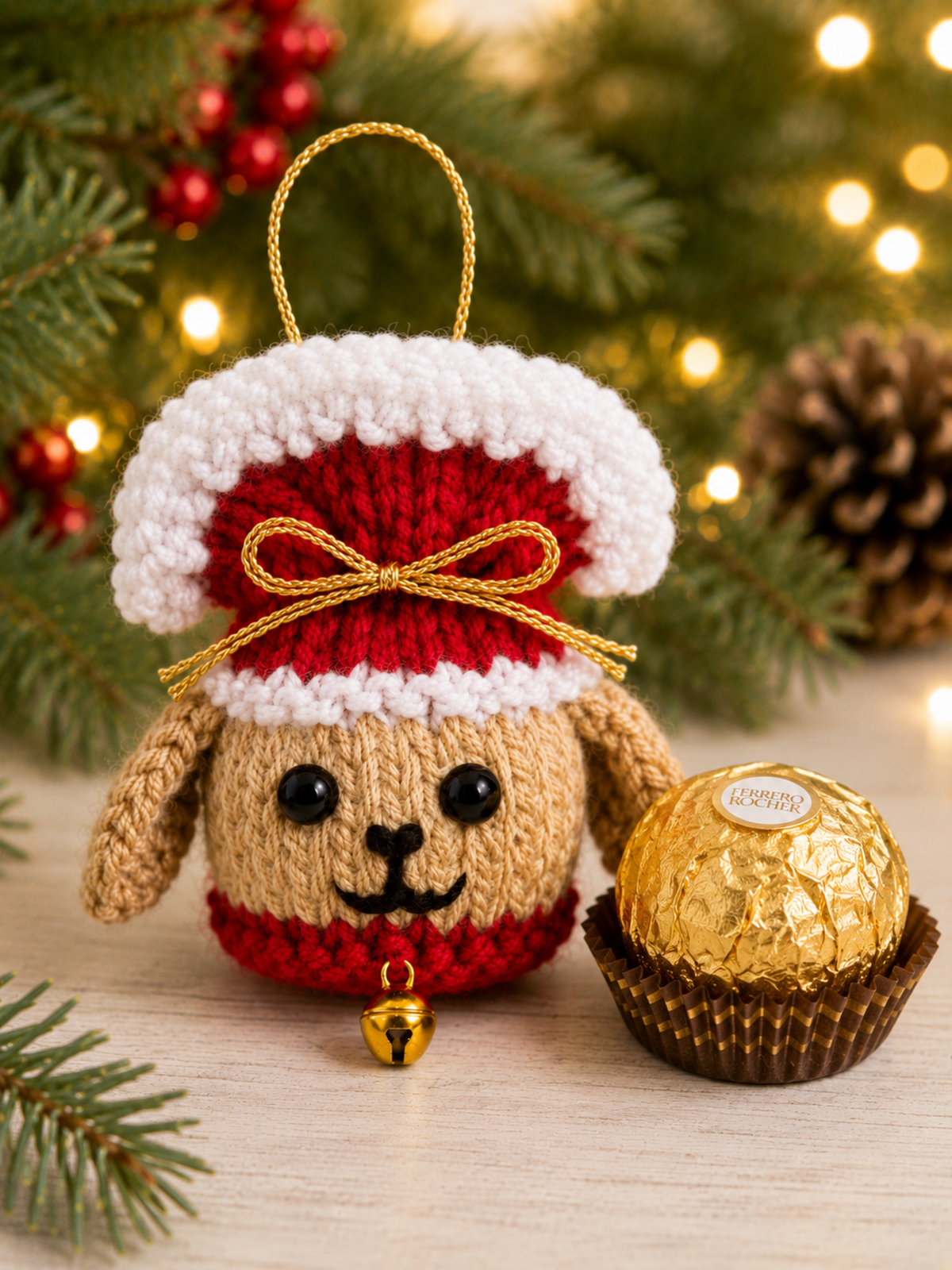 Christmas Puppy Dog Ferrero Rocher Cover Knitting Pattern Tree Decoration PDF