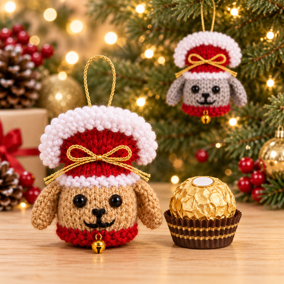 Christmas Puppy Dog Ferrero Rocher Cover Knitting Pattern Tree Decoration PDF