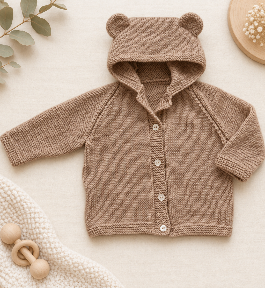 Easy Knit Bear Ears Hooded Cardigan Knitting Pattern PDF Age 3 mths - 4 Years