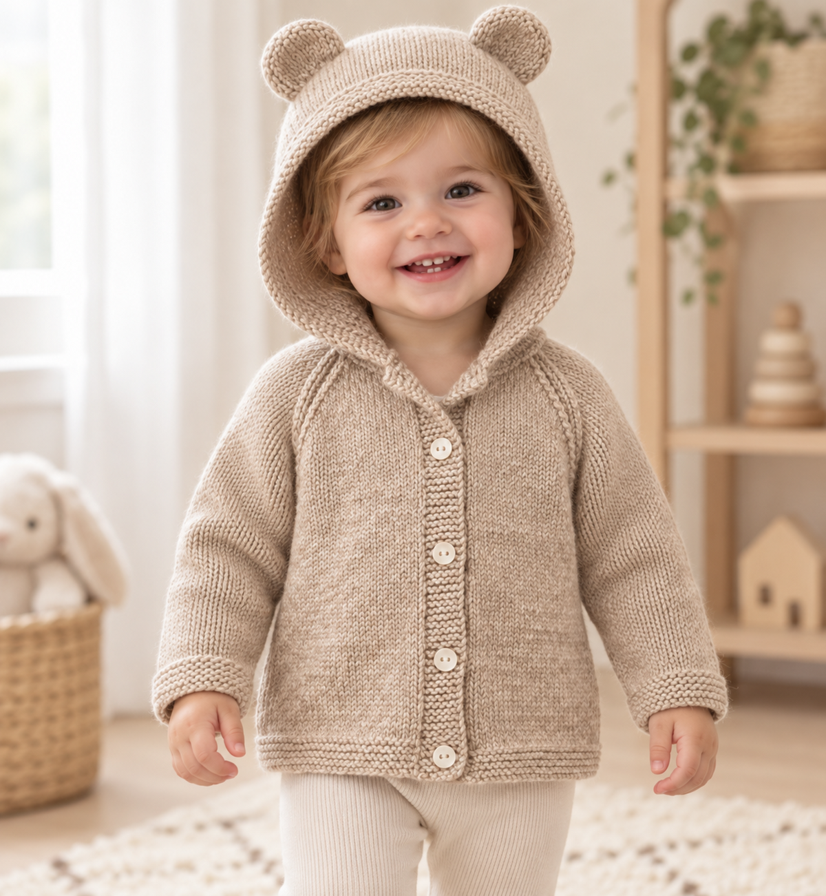 Easy Knit Bear Ears Hooded Cardigan Knitting Pattern PDF Age 3 mths - 4 Years
