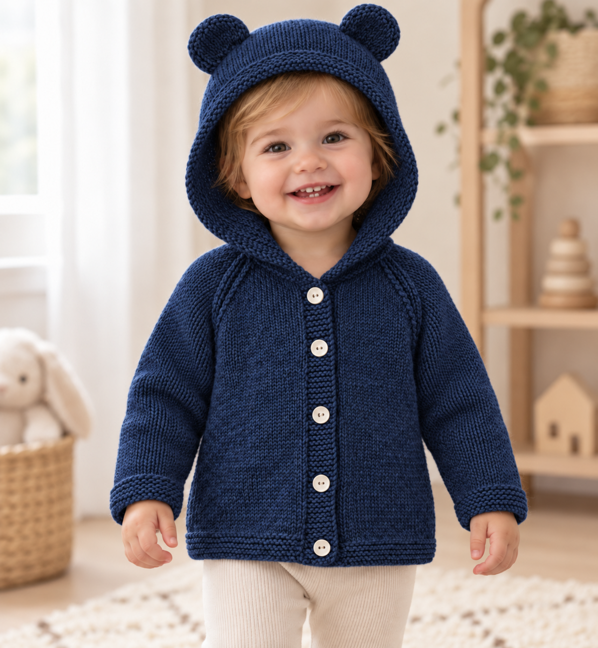 Easy Knit Bear Ears Hooded Cardigan Knitting Pattern PDF Age 3 mths - 4 Years