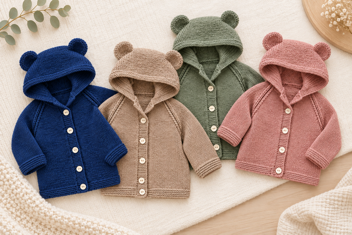 Easy Knit Bear Ears Hooded Cardigan Knitting Pattern PDF Age 3 mths - 4 Years