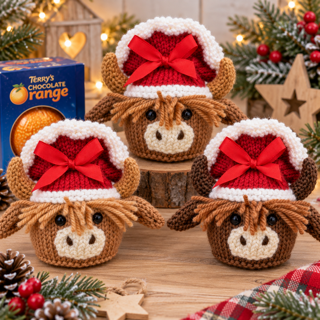 Highland Cow Chocolate Orange Cover Knitting Pattern PDF Christmas Gift Bag DK