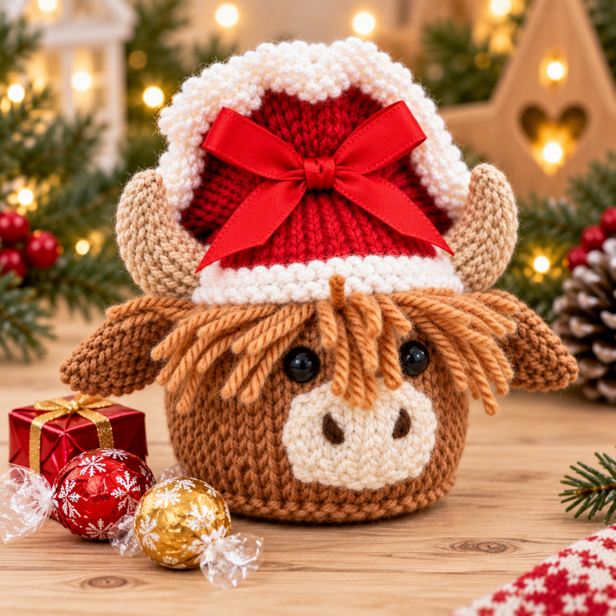 Highland Cow Chocolate Orange Cover Knitting Pattern PDF Christmas Gift Bag DK