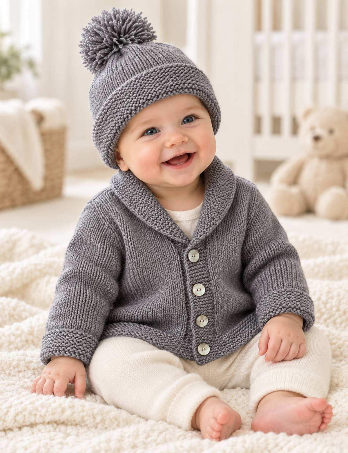 Baby Jacket & Pom-Pom Hat Knitting Pattern PDF Easy Knit Premature - 12 mths