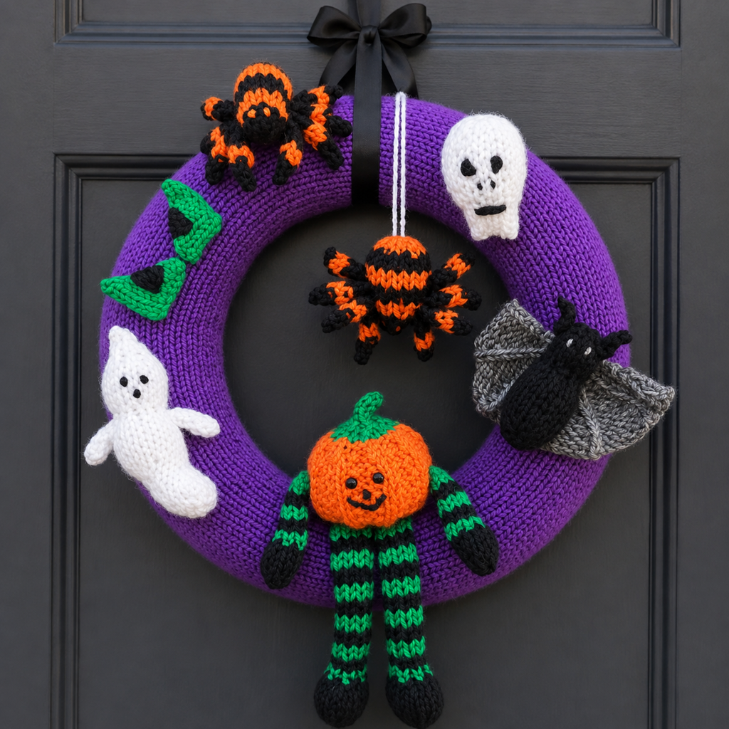 Halloween Wreath Knitting Pattern PDF Pumpkin Spider Decoration Chunky