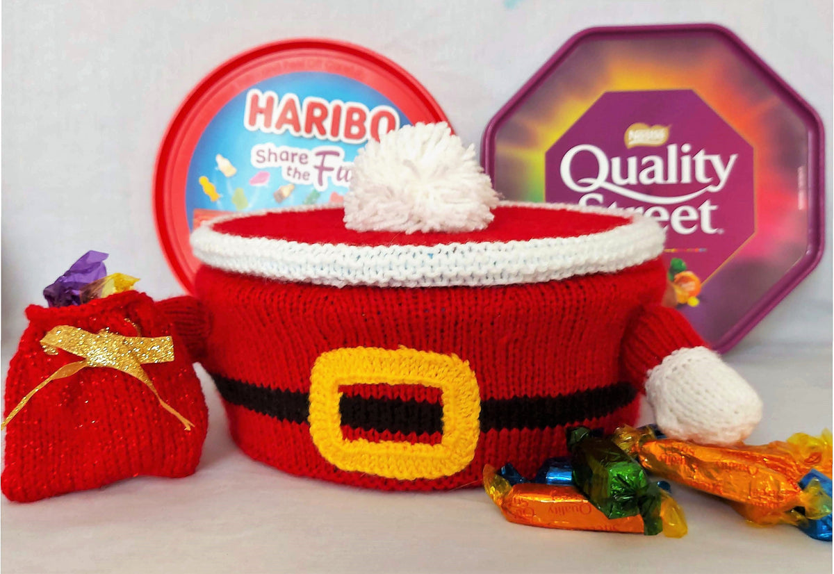 Santa Chocolate Sweet Tub Cover Knitting Pattern PDF Christmas Decor with Sack