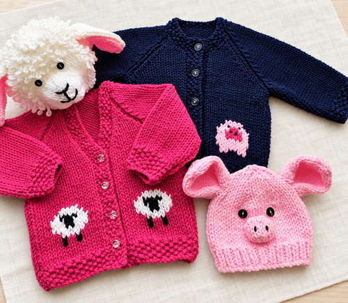 Child's Pig & Sheep Cardigan Animal Hat Knitting Pattern PDF Chunky 3mths - 8 Years