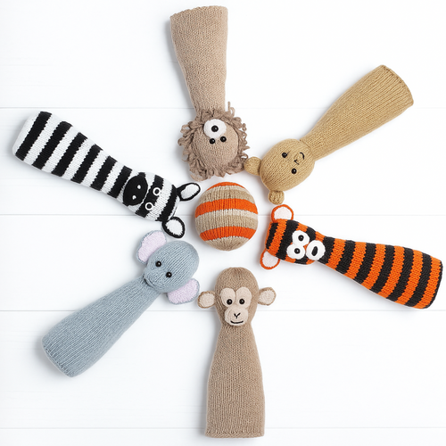 Animal Skittle Set Knitting Pattern PDF Six Pin Toys & Striped Ball DK