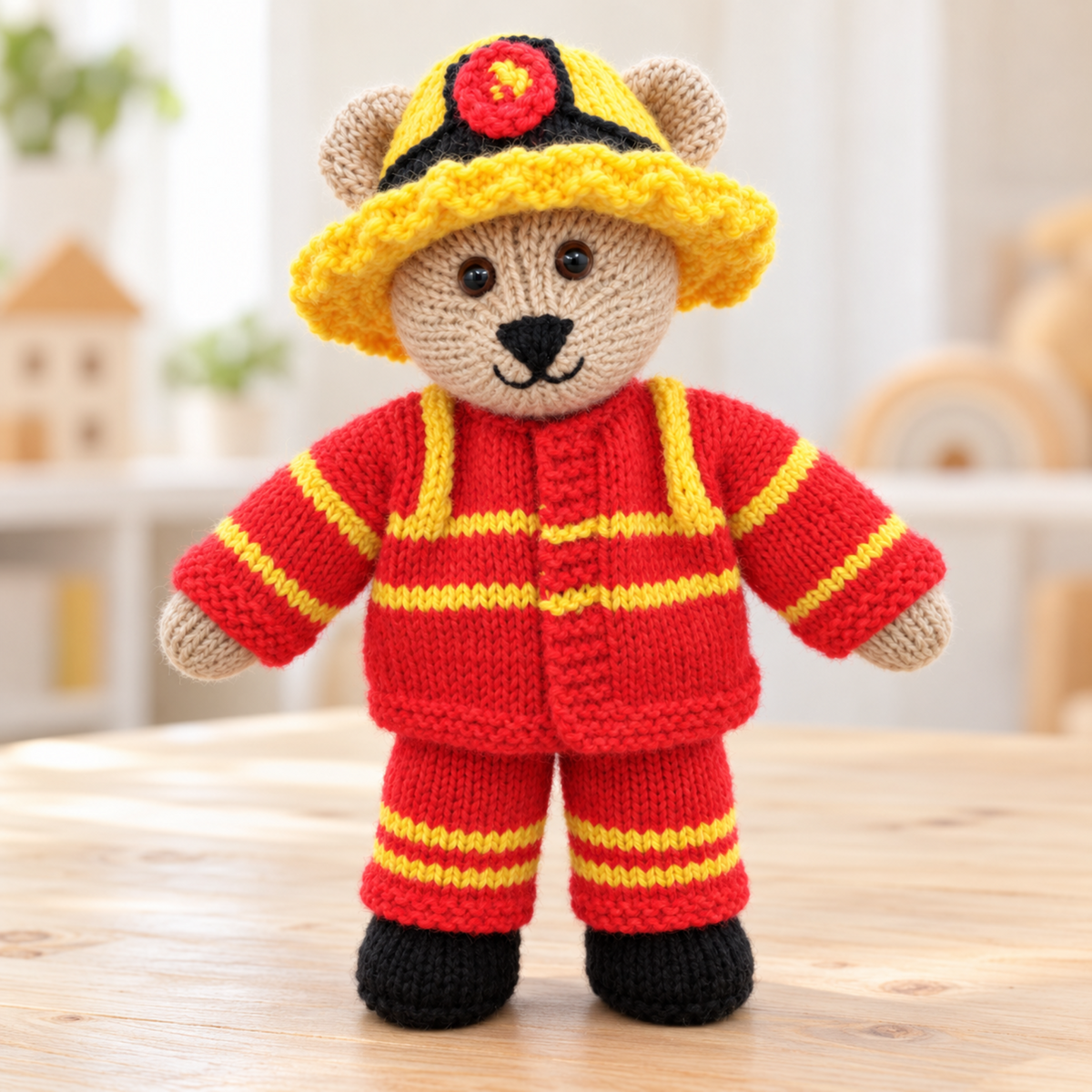 Fireman Teddy Bear Toy Knitting Pattern PDF Firefighter Outfit & Hat 30cm