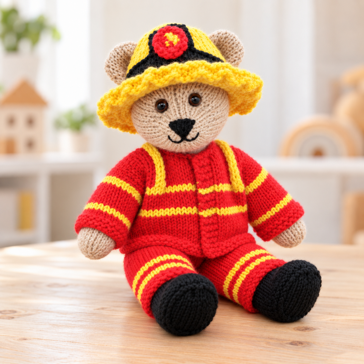 Fireman Teddy Bear Toy Knitting Pattern PDF Firefighter Outfit & Hat 30cm