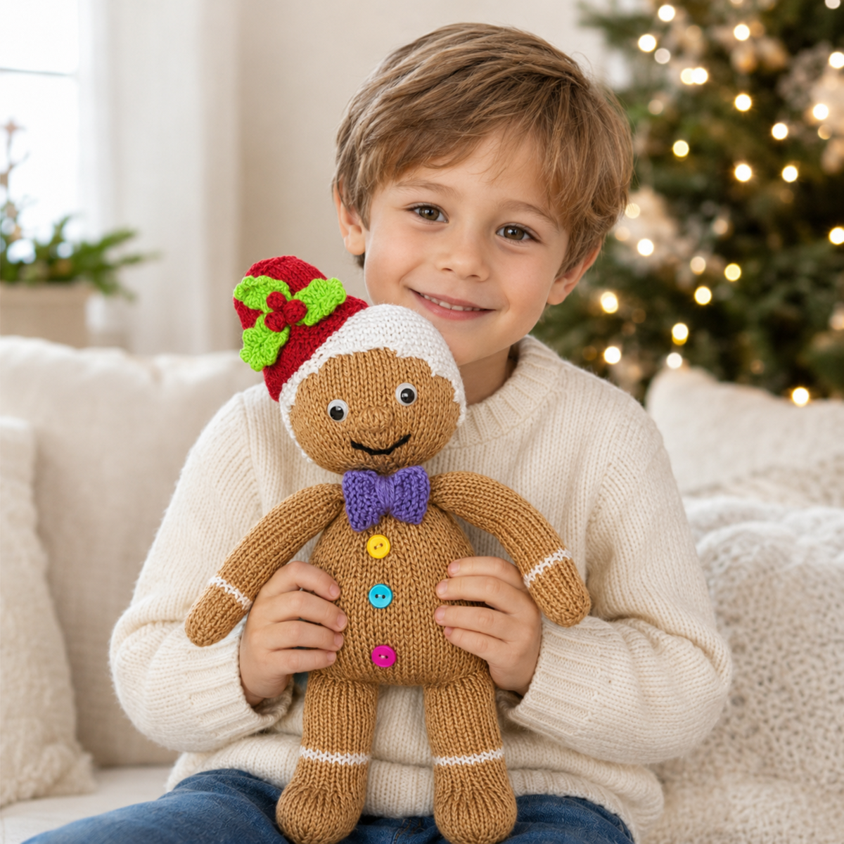Gingerbread Man Toy Knitting Pattern PDF with Candy Cane Christmas Decor DK 37cm