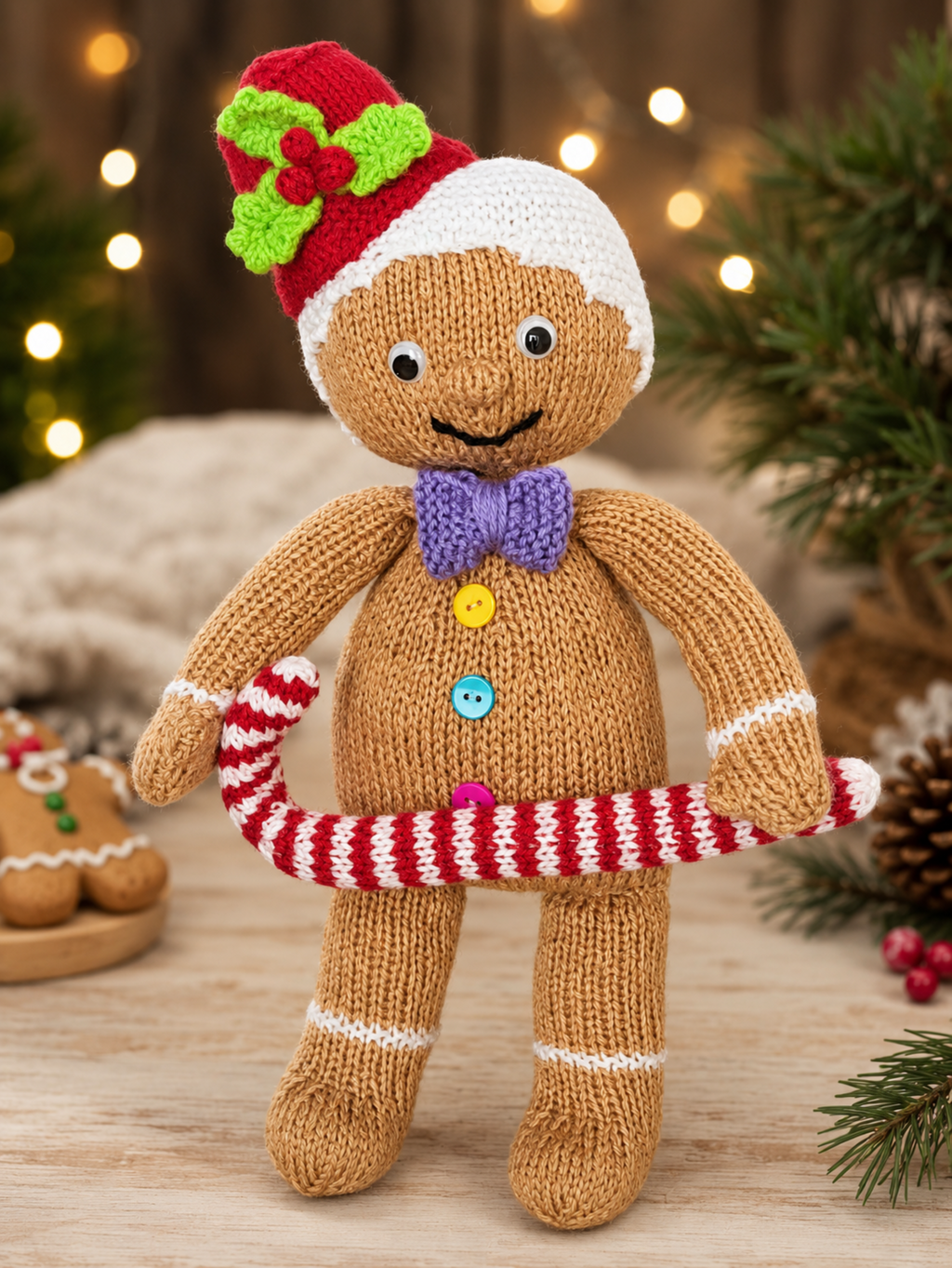 Gingerbread Man Toy Knitting Pattern PDF with Candy Cane Christmas Decor DK 37cm
