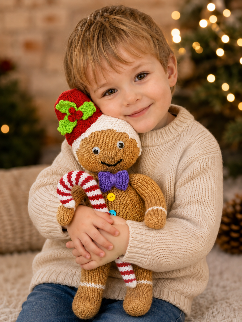 Gingerbread Man Toy Knitting Pattern PDF with Candy Cane Christmas Decor DK 37cm