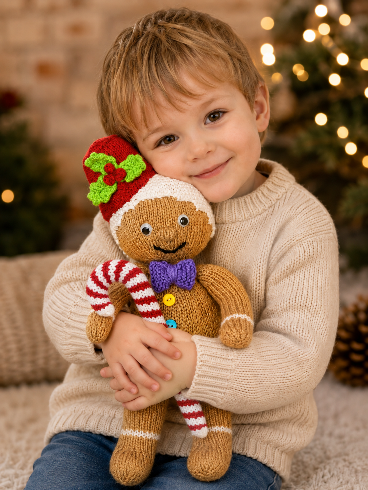 Gingerbread Man Toy Knitting Pattern PDF with Candy Cane Christmas Decor DK 37cm